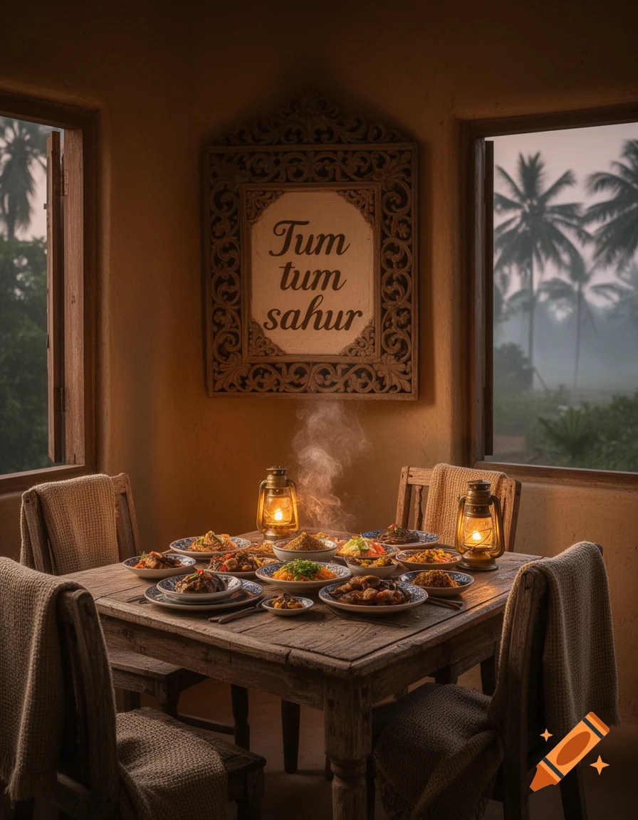 A rustic wooden table is laden with numerous dishes of food, lit by two lanterns. A framed sign reads 'Tum tum sahur' on a warm-toned wall. Palm trees are visible through the windows.