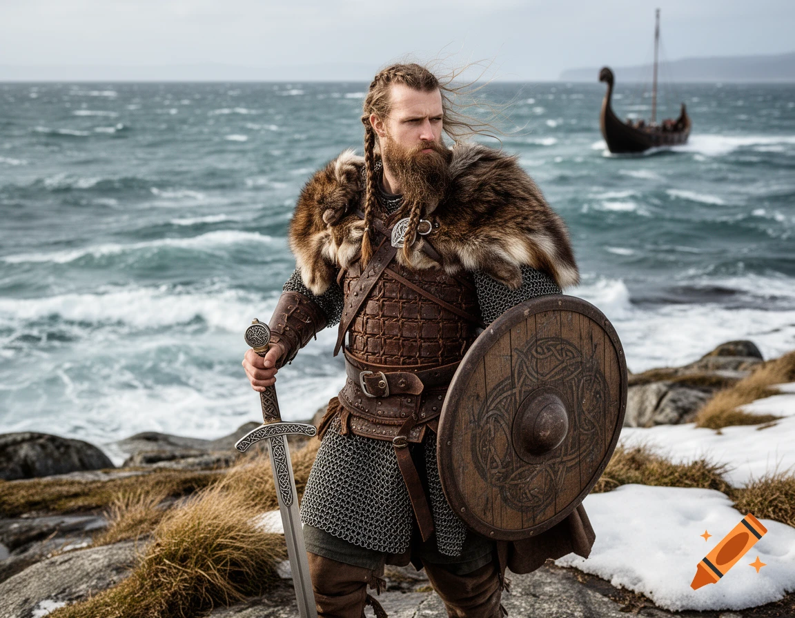 A bearded Viking warrior in fur and chainmail armor, holding a sword and shield, stands by a choppy sea with a longship in the background.