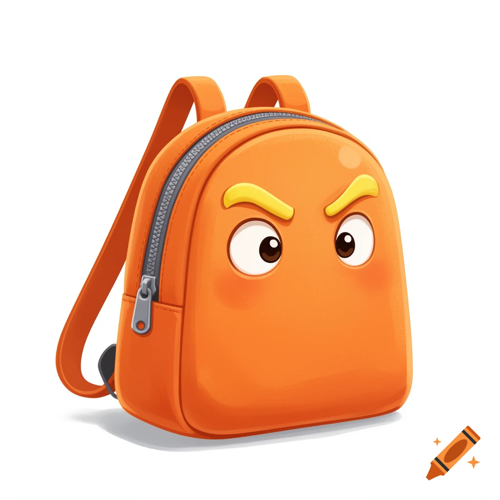 A 2D orange cartoon backpack with a gray zipper, two shoulder straps, and an angry face with yellow eyebrows on a white background.