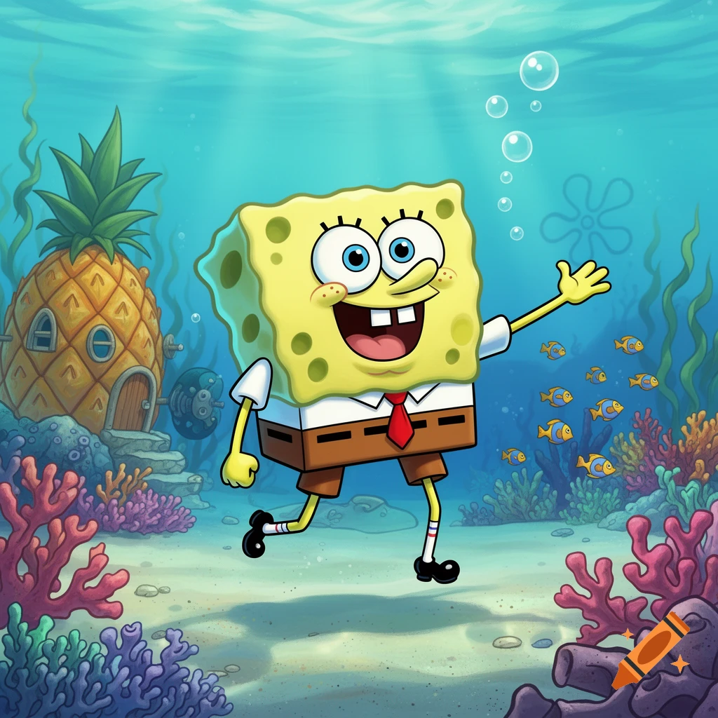 Spongebob Squarepants happily runs underwater with his pineapple house, colorful coral, and fish in a vibrant cartoon style.