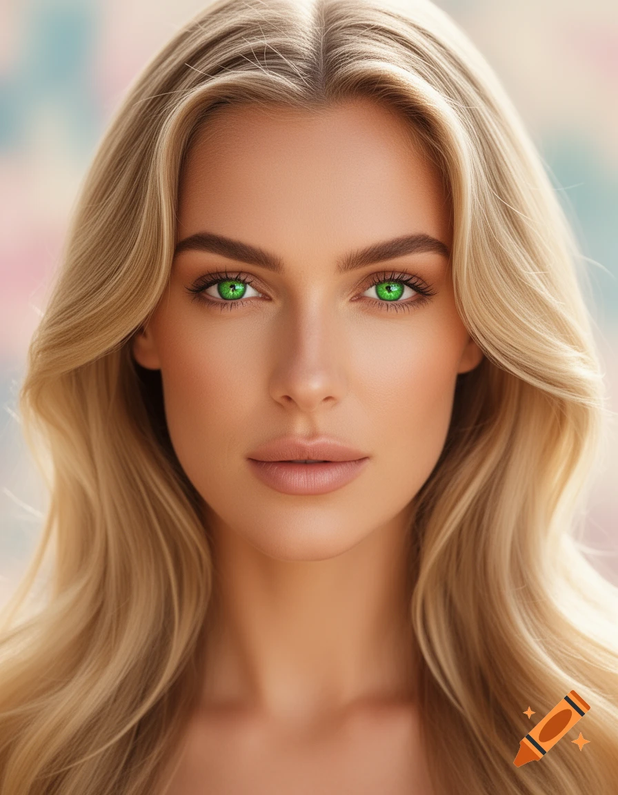 Close-up photorealistic portrait of a woman with long blonde hair and striking bright green eyes.