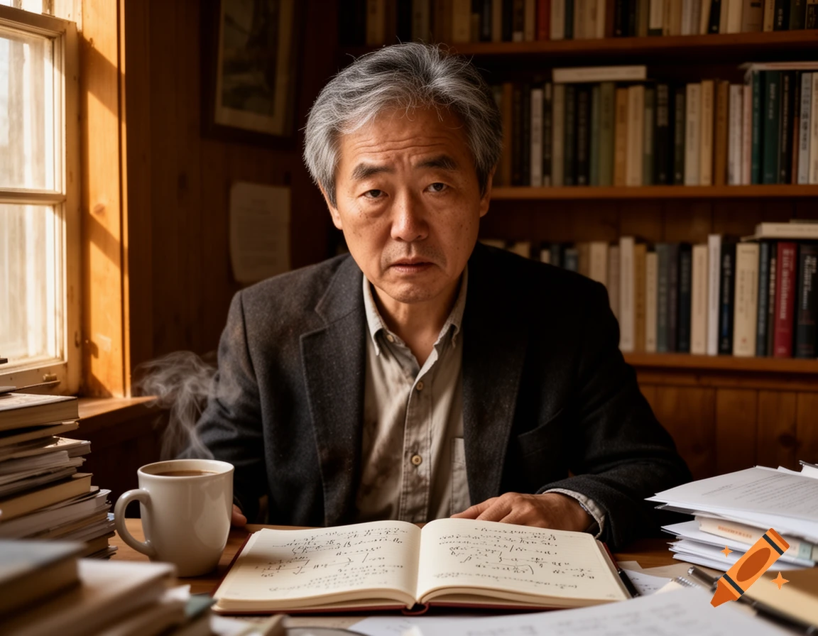 A serious-looking older Asian man with gray hair sits at a desk with an open notebook, coffee, and stacks of books. A window and bookshelves are in the background.