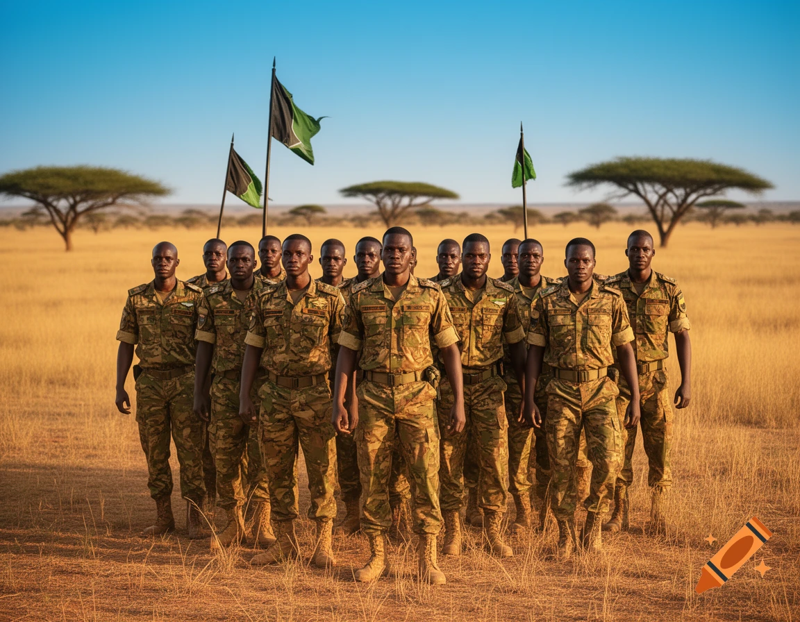 A group of African soldiers in camouflage uniforms stands at attention in a sunlit savanna with acacia trees under a clear blue sky.