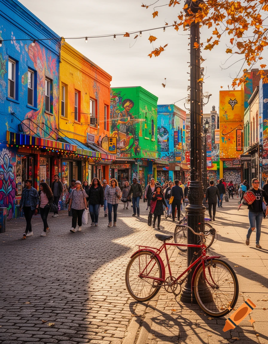 A vibrant street scene with colorful mural-covered buildings, people walking, and a red bicycle parked on a cobblestone street.
