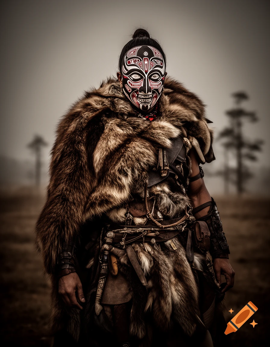 Photorealistic warrior in a fur cloak and a red, white, and black painted mask stands in an overcast field.