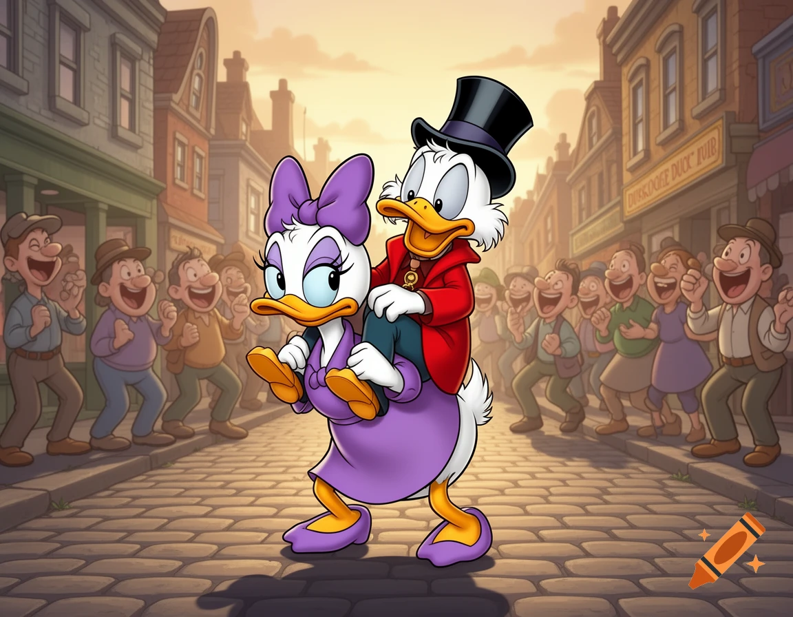 Cartoon Daisy Duck carries Scrooge McDuck on her shoulders in a bustling street, with smiling onlookers.