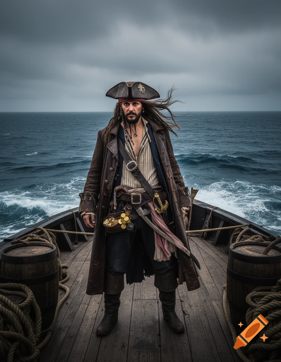 A photorealistic image of a pirate in a tricorn hat and long coat, standing on a ship's wooden deck with the ocean and cloudy sky in the background.