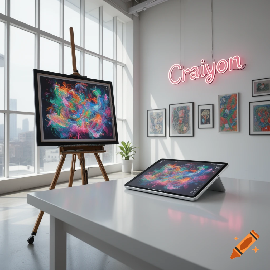 A modern art studio with an easel displaying vibrant abstract art, a tablet on a white table, and a 'Craiyon' neon sign.