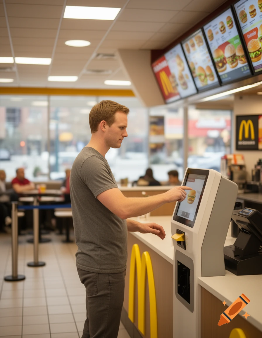 A man in a grey t-shirt and pants uses a self-service ordering kiosk in a brightly lit McDonald's restaurant.
