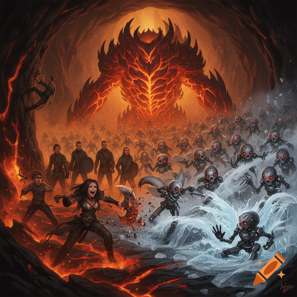 A vibrant fantasy scene depicts warriors battling an army of robots in a volcanic cave, beneath a massive, glowing lava monster.