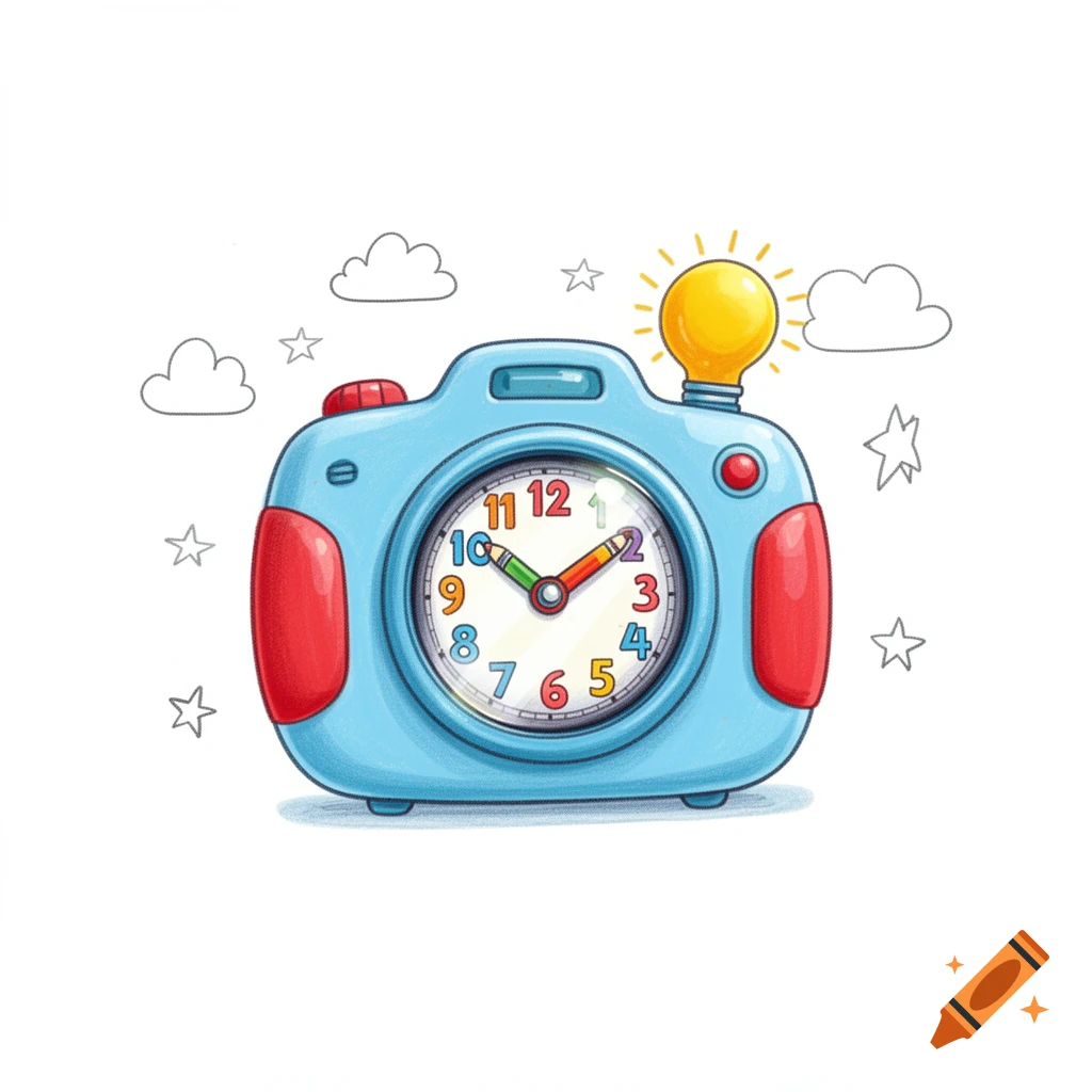 A childlike cartoon illustration of a light blue camera with a colorful clock face as its lens, a yellow lightbulb on top, and simple clouds and stars in the background.
