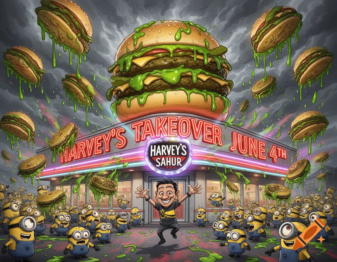 A massive, slimy green burger looms over a Harvey's restaurant, with smaller burgers raining down. A cartoon man with arms outstretched stands among a crowd of minions, all covered in green slime.