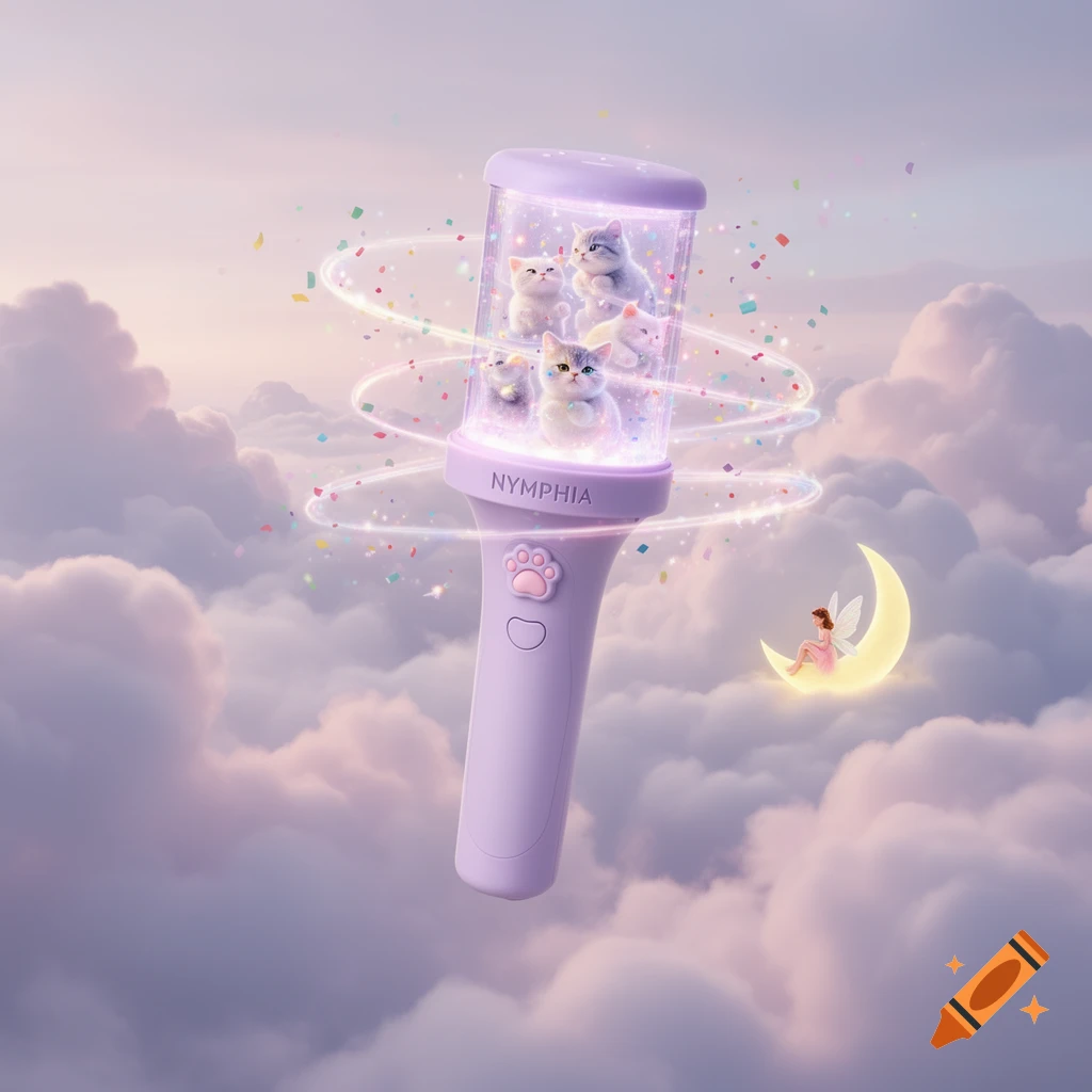 A pastel purple K-pop lightstick with glowing kittens inside, confetti, and a paw print button, floating among clouds with a fairy on a crescent moon.