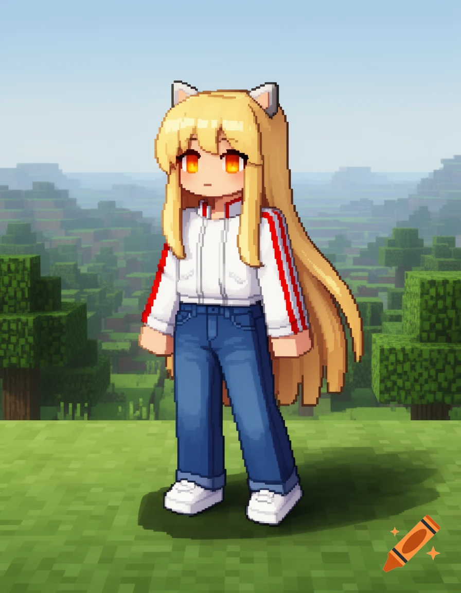 A Minecraft-style pixel art character with blonde hair, cat ears, orange eyes, wearing a white striped jacket and blue jeans, standing in a grassy landscape.