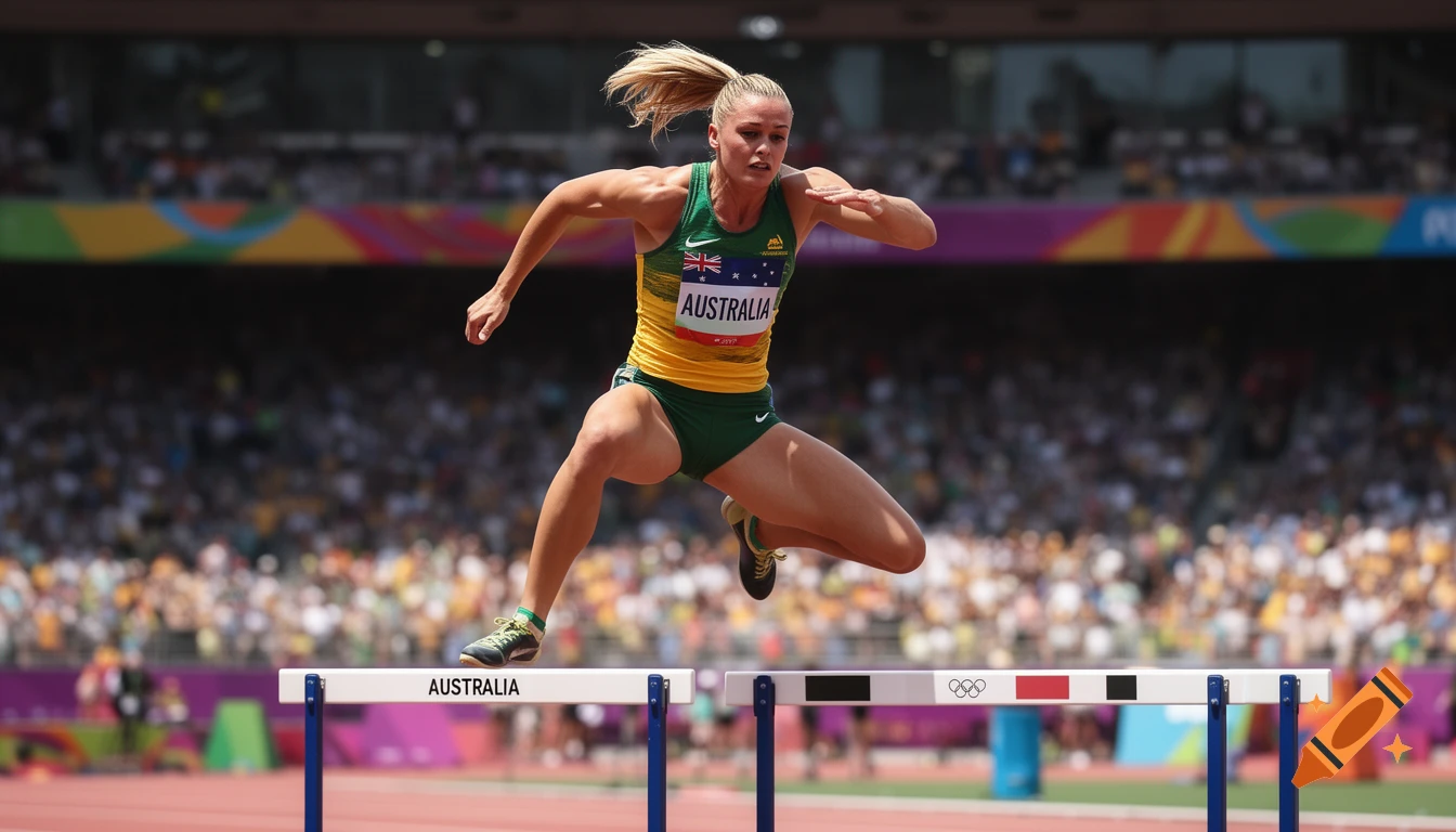 Blond female Olympic-hurdles runner for Australia jumps over a hurdle during a race in a stadium.