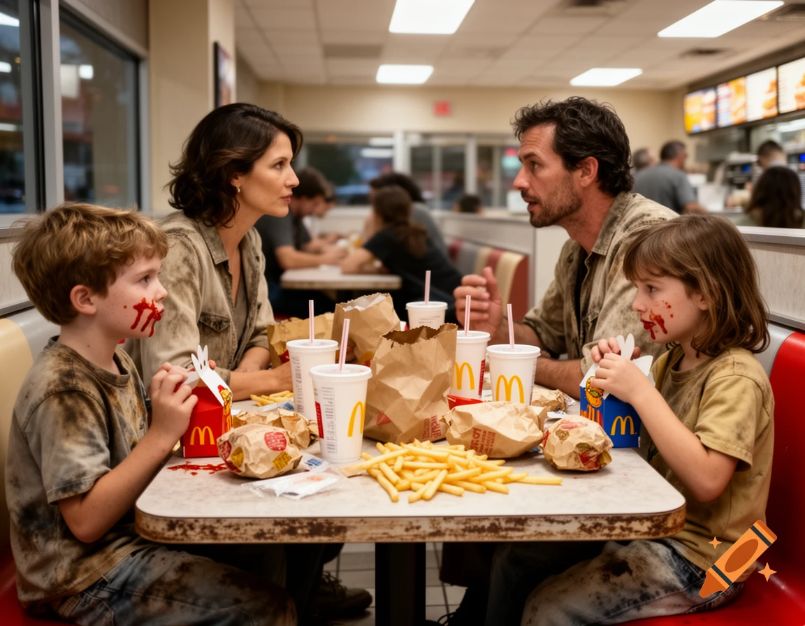 A messy family with ketchup on their faces and clothes eats McDonald's at a restaurant table, a photorealistic scene.