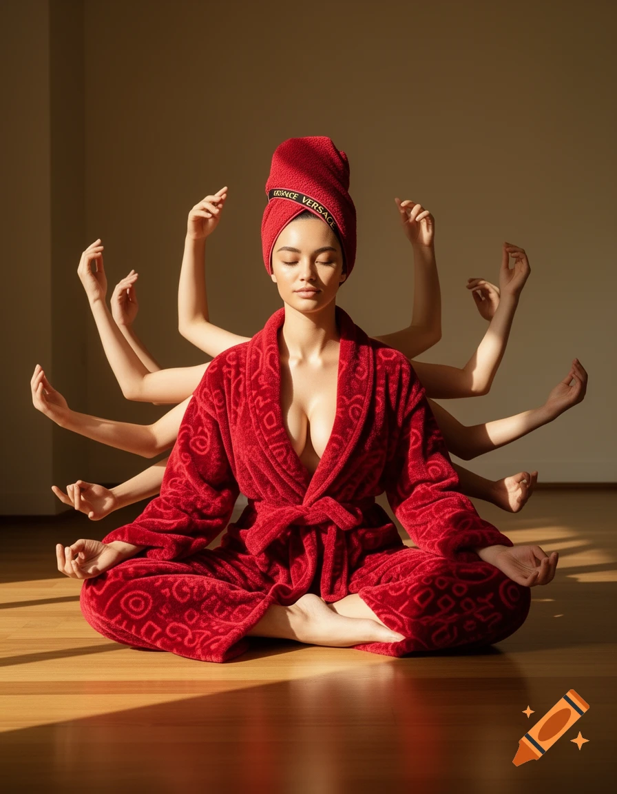 A woman in a red Versace bathrobe and towel meditates in a lotus pose, depicted with multiple arms, on a sunlit wooden floor.