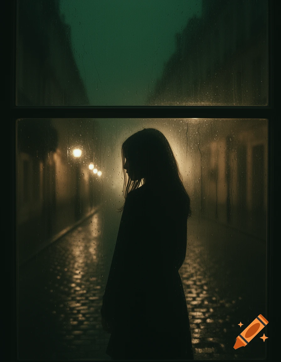 Silhouette of a girl looking out a rainy window at a dark, wet street with blurry city lights, in a moody, cinematic style.