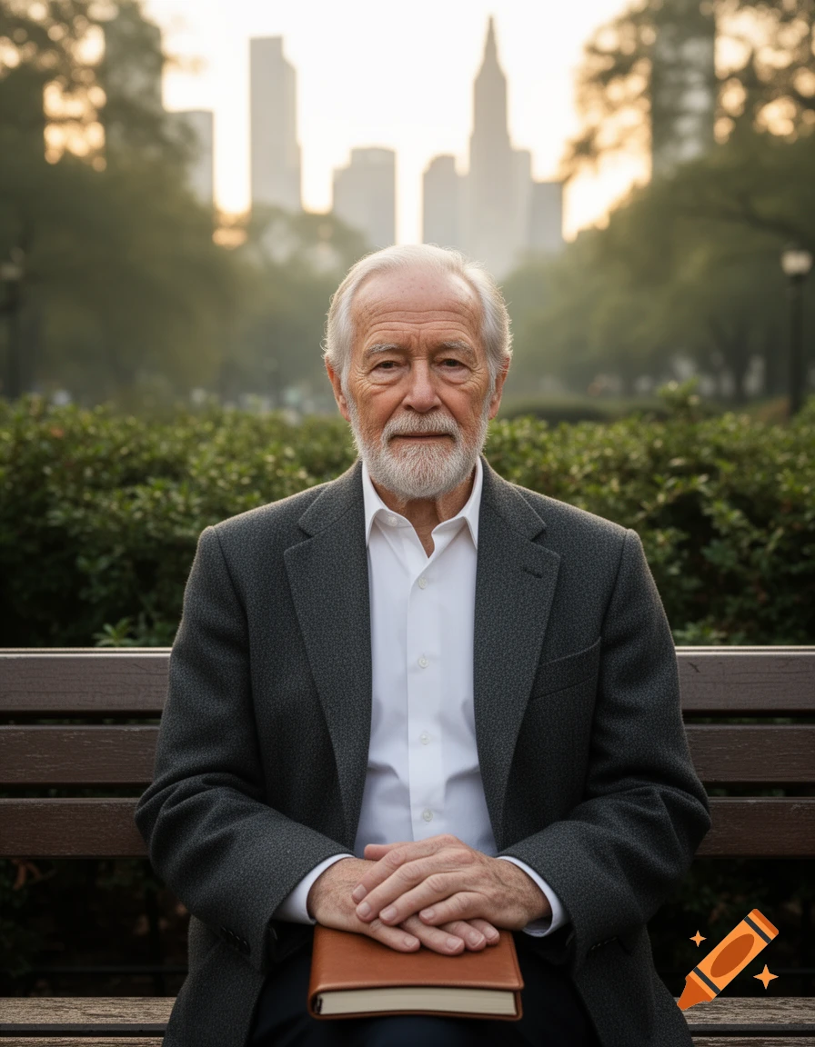 A distinguished elderly man with a white beard sits on a park bench holding a book, with a city skyline in the soft background.