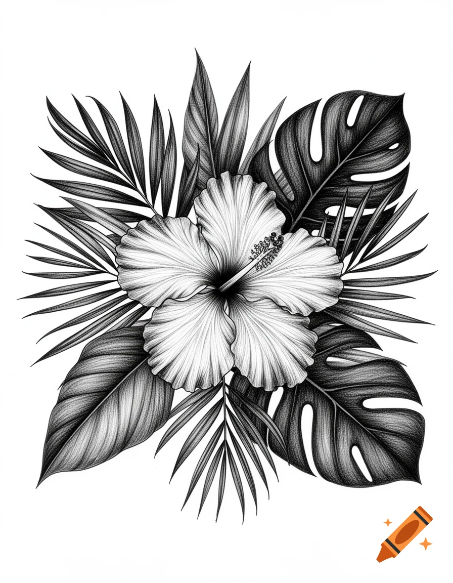 Detailed black and white drawing of a hibiscus flower surrounded by tropical leaves.
