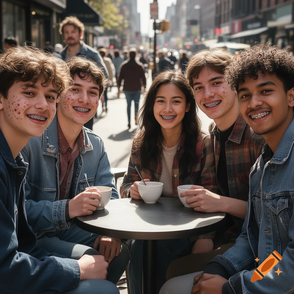 A group of young people with braces and some acne sit at an outdoor cafe table on a sunny city street, smiling at the camera.