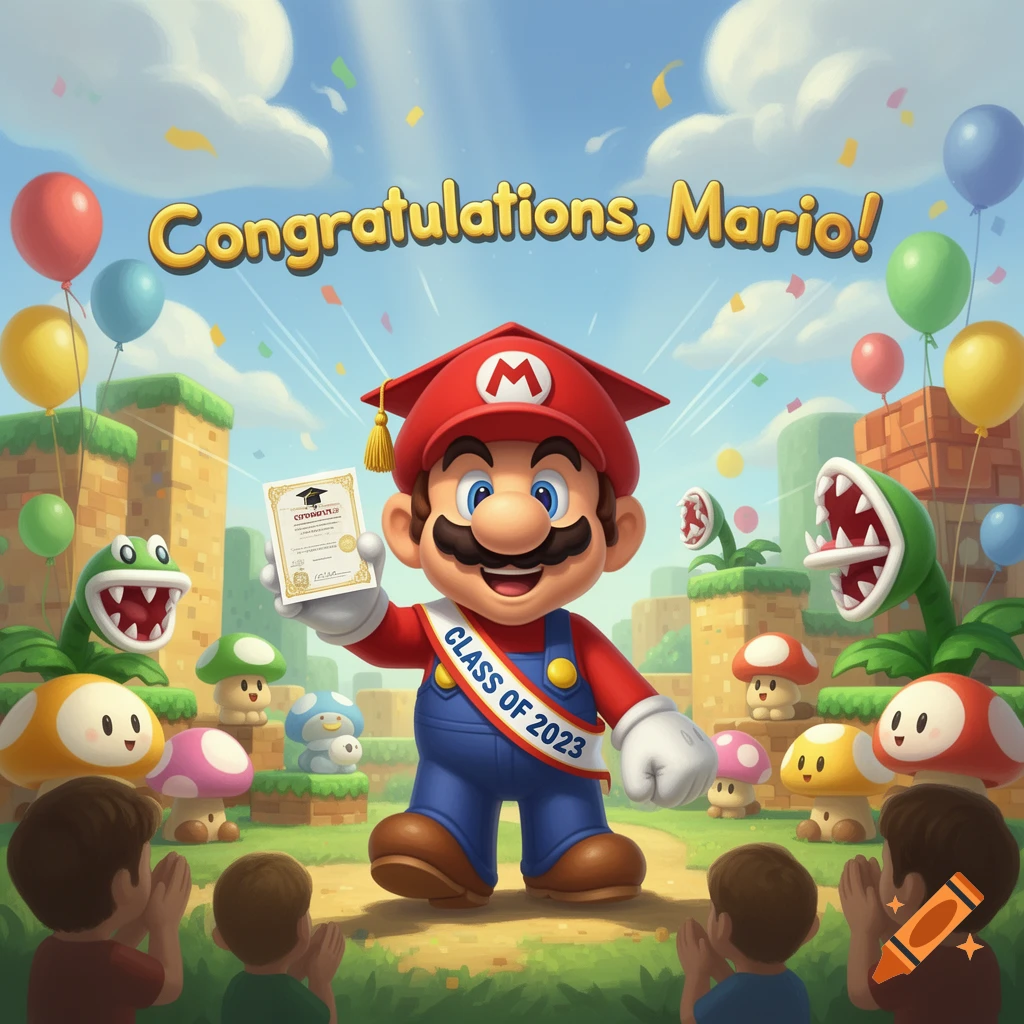 Super Mario in a graduation cap and sash holds up a diploma, surrounded by balloons, confetti, Mario Bros characters, and cheering children in a vibrant, cartoonish outdoor scene.