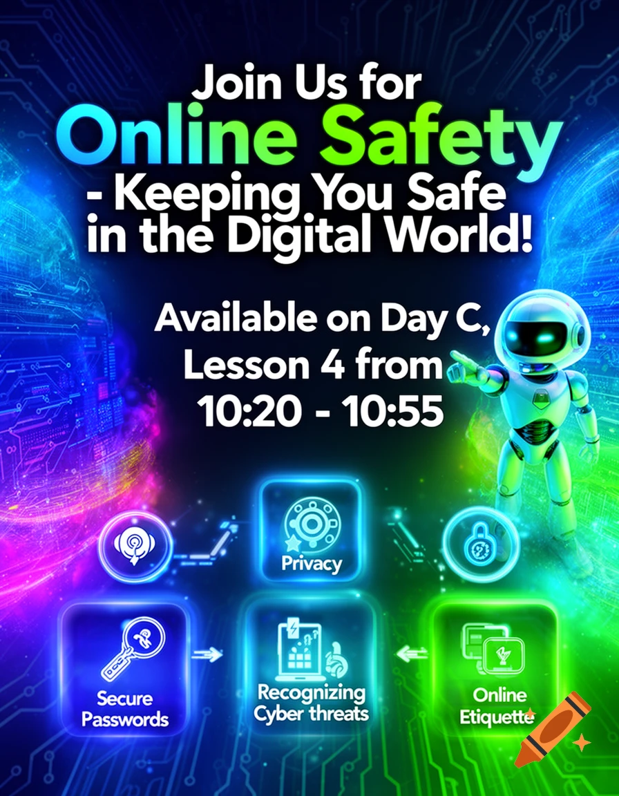 Vibrant digital poster for 'Online Safety' class, featuring a robot and icons for privacy, secure passwords, cyber threats, and online etiquette.