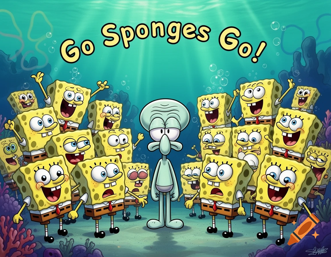 Multiple Spongebobs cheer around a displeased Squidward underwater, with text "Go Sponges Go!" above.
