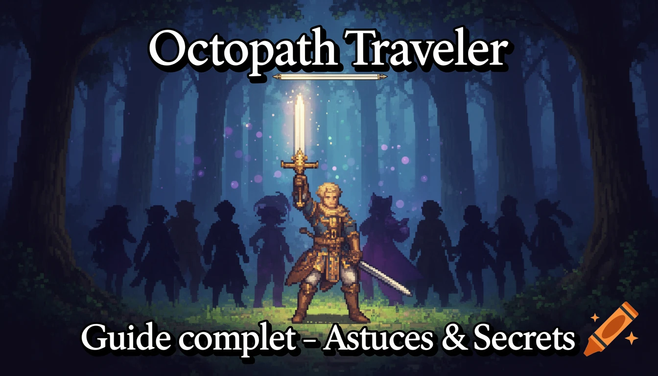 A vibrant pixel art image of a hero holding a shining sword in a dark forest, with character silhouettes and text 'Octopath Traveler'.