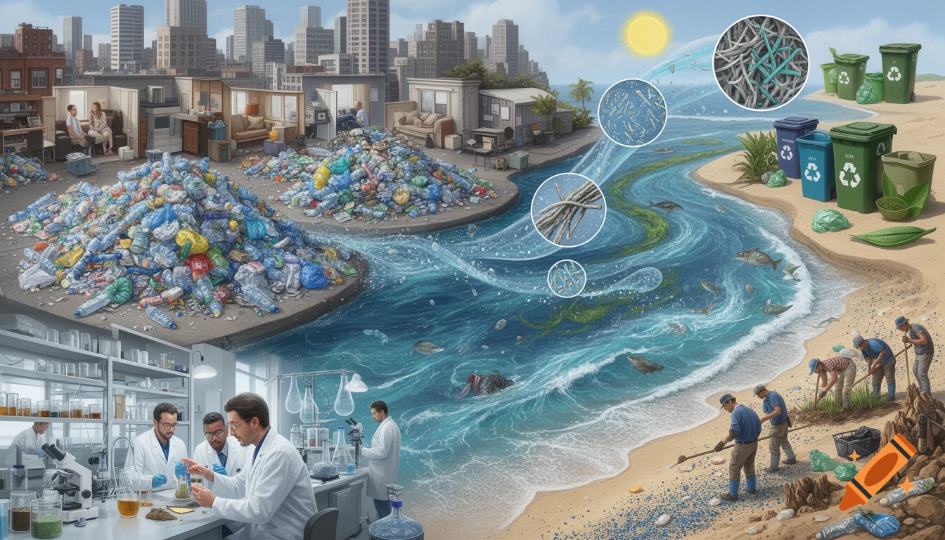 An infographic showing plastic pollution from cities flowing into the ocean, breaking down into microplastics, impacting marine life, and scientists researching solutions in a lab.