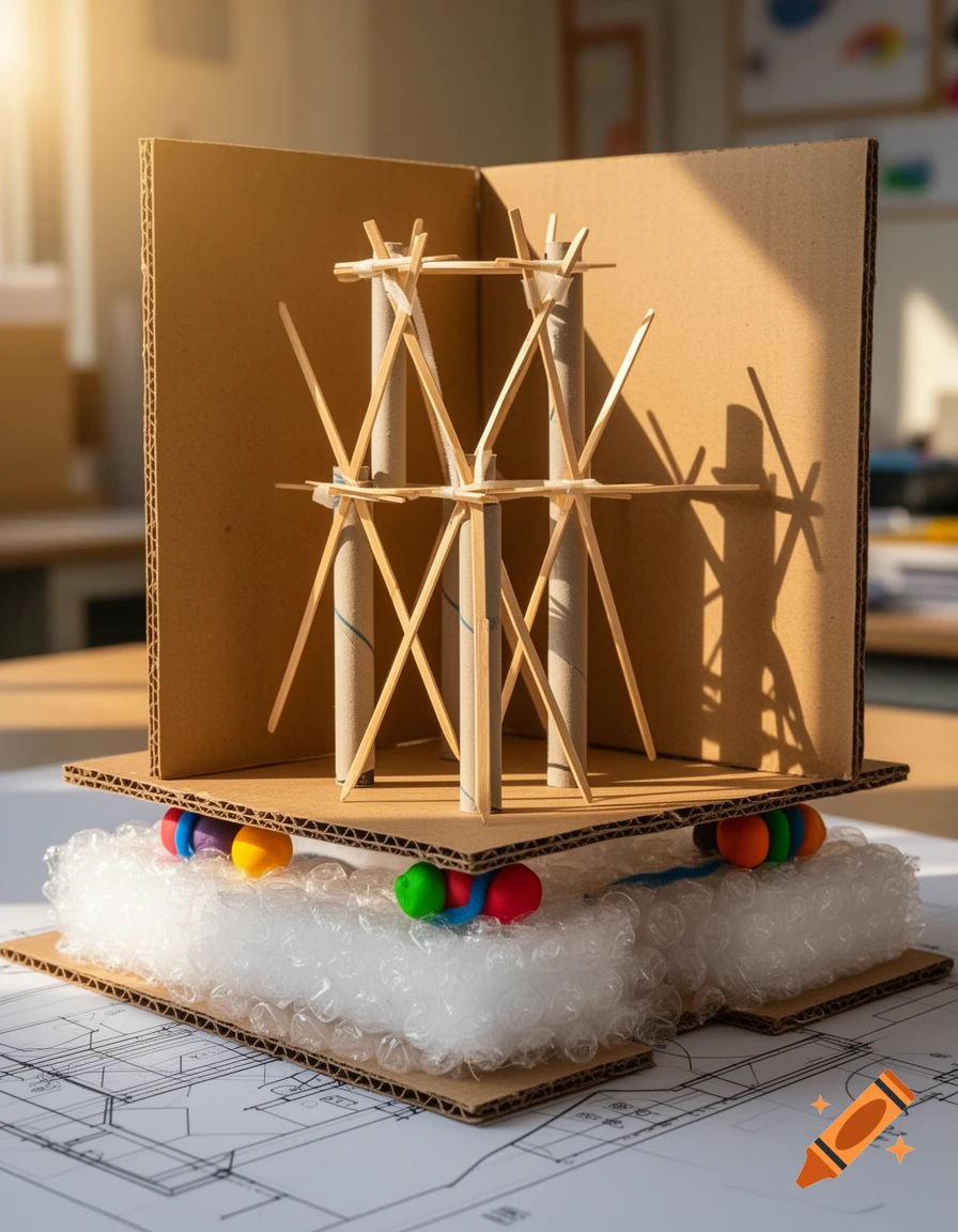 A homemade model of an earthquake-resistant building, made from cardboard, craft sticks, and bubble wrap, sits on blueprints.