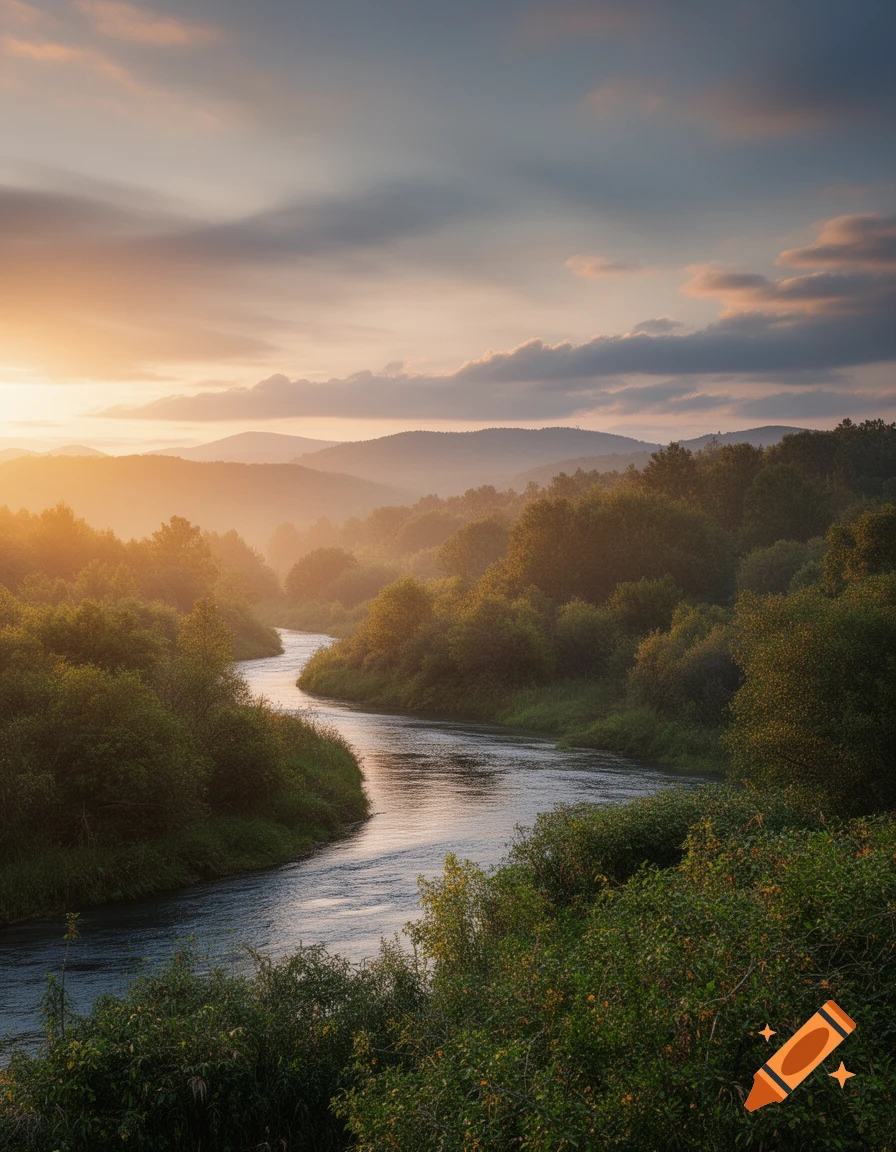 A winding river flows through a lush, forested valley at sunrise, with mountains in the misty background under a warm, cloudy sky.