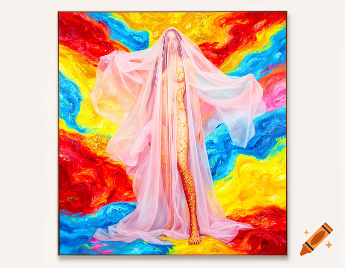 Oil painting of a veiled figure with golden fractures on skin, against a background of vibrant, swirling red, yellow, and blue colors.