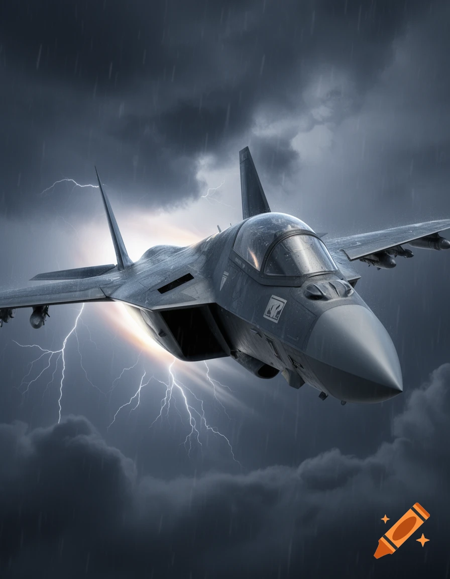 A photorealistic military fighter jet flies at high speed through a dramatic stormy sky with lightning and rain.