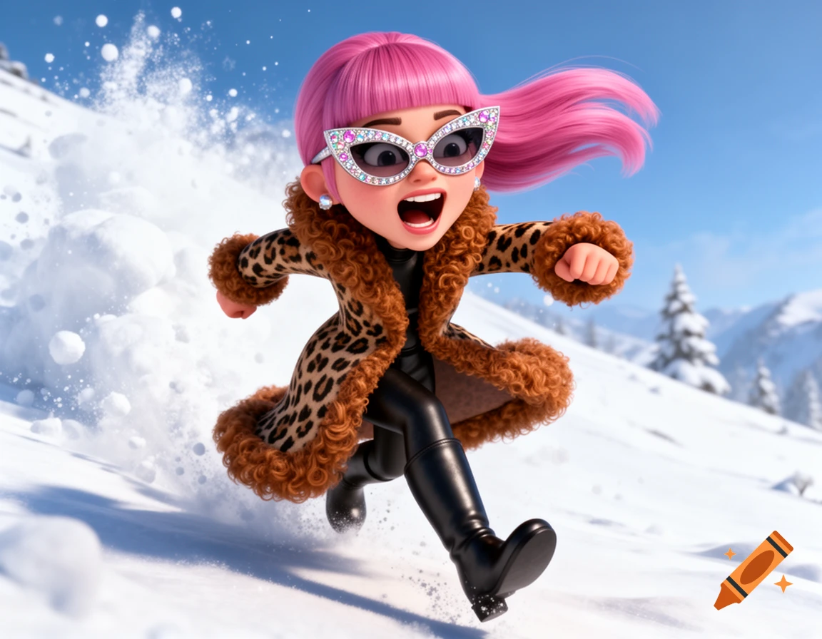A 3D cartoon woman with pink hair, jewel-encrusted glasses, and a leopard print fur coat runs through splashing snow in a winter mountain scene.