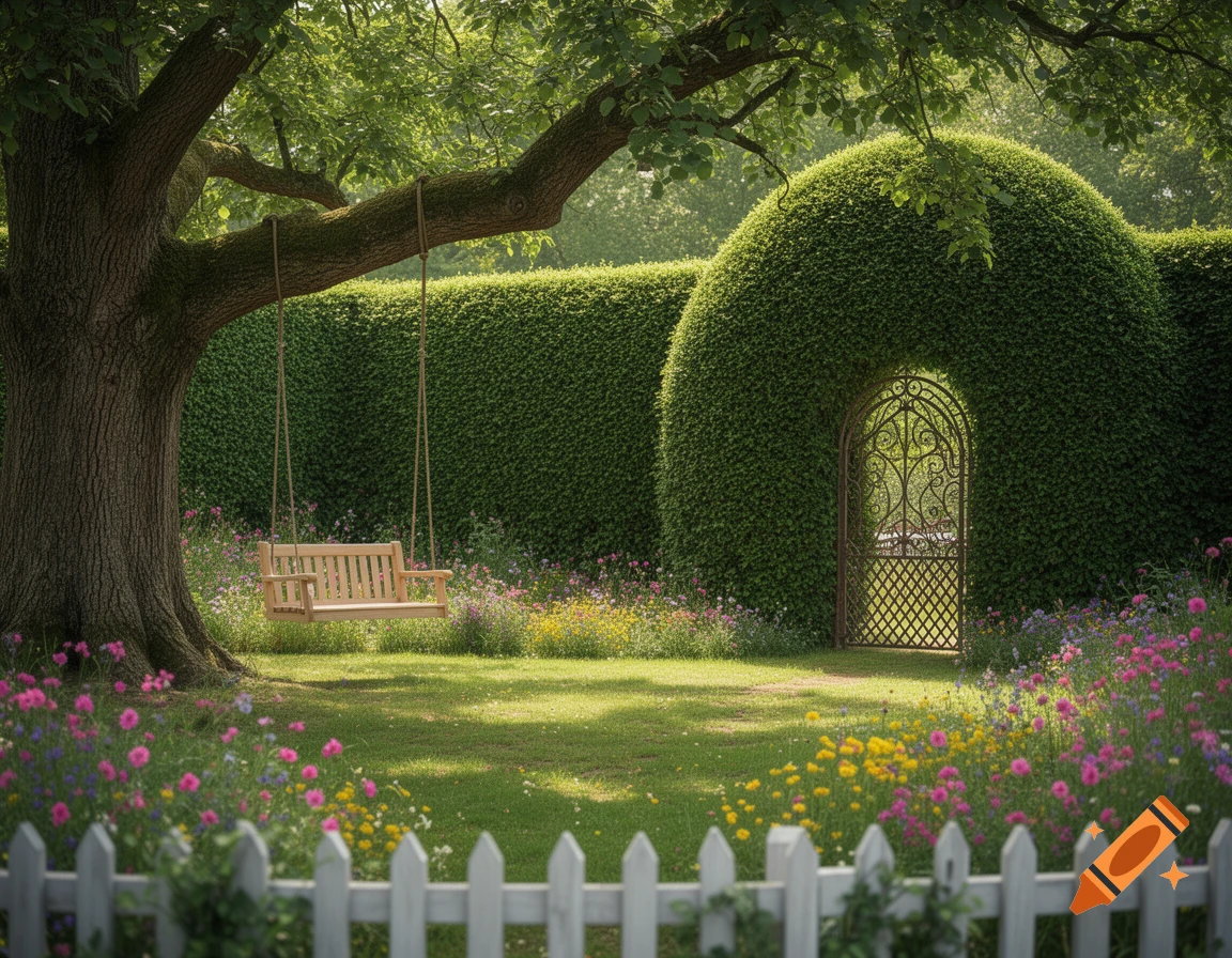 A photorealistic garden with a wooden swing hanging from a large tree, colorful flowers, a tall hedge with an arched gate, and a white picket fence.