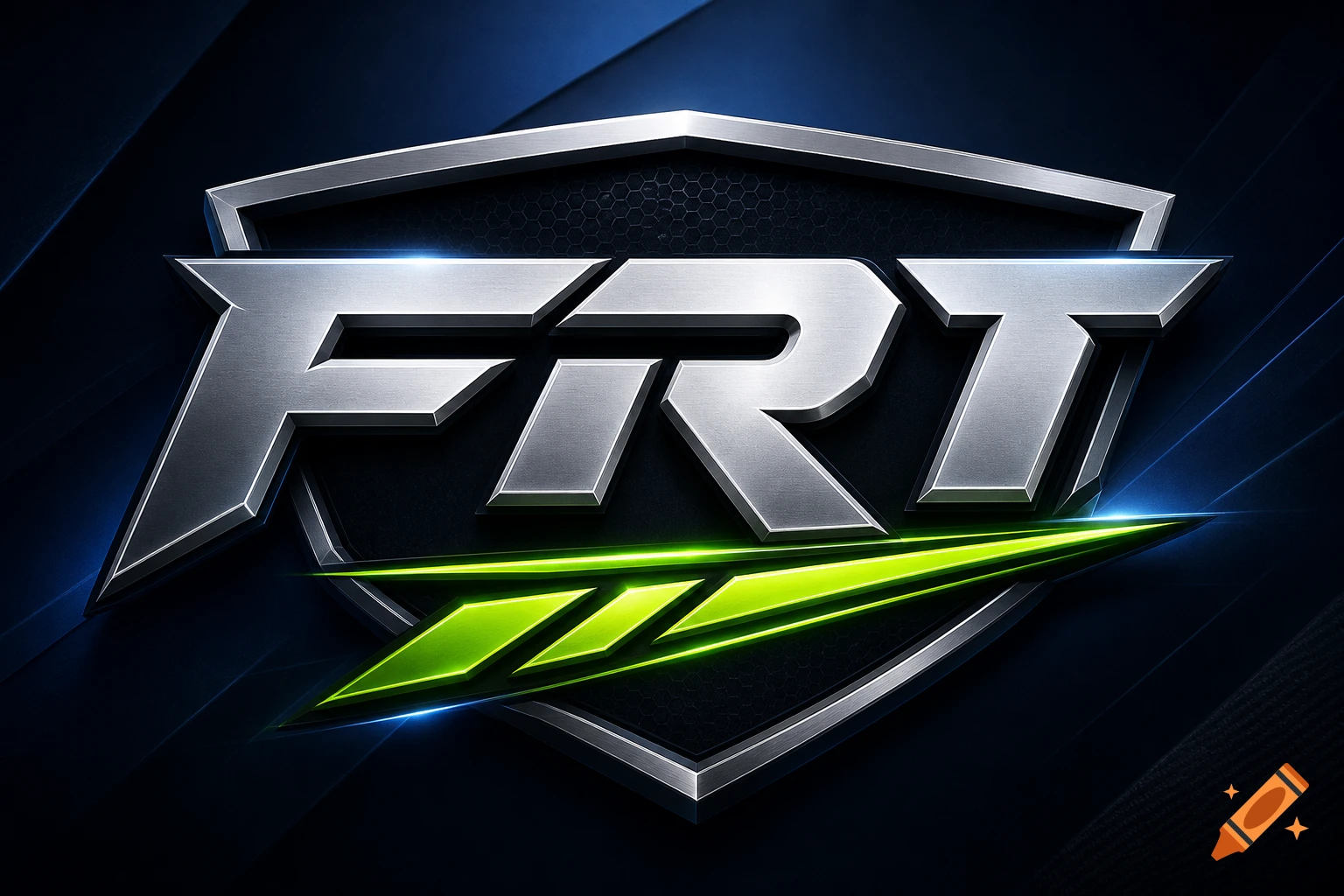 Metallic silver logo with bold, block letters 'FRT' over a dark hexagonal shield, accented with glowing neon green lines and blue light.