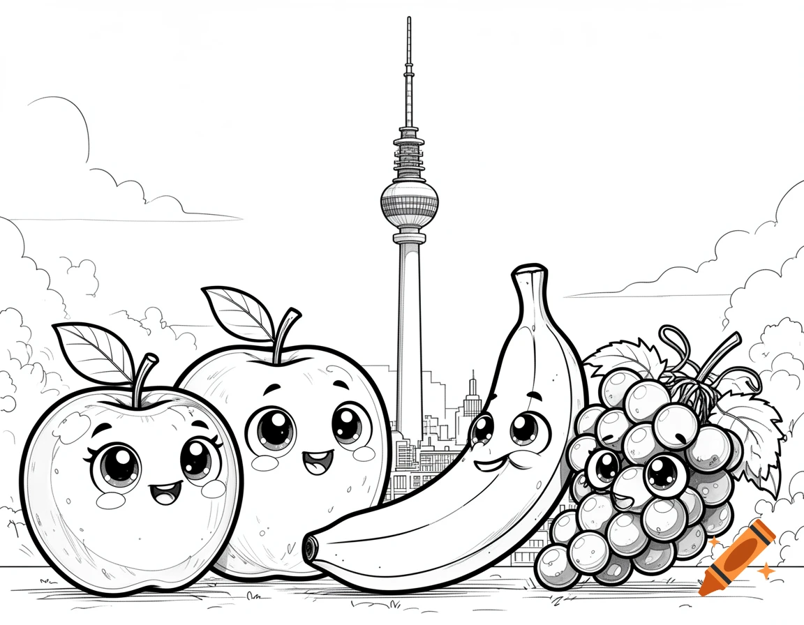 Black and white outline drawing of four kawaii fruits (two apples, a banana, and grapes) with big eyes and smiles, in front of the Berlin TV Tower and city skyline.