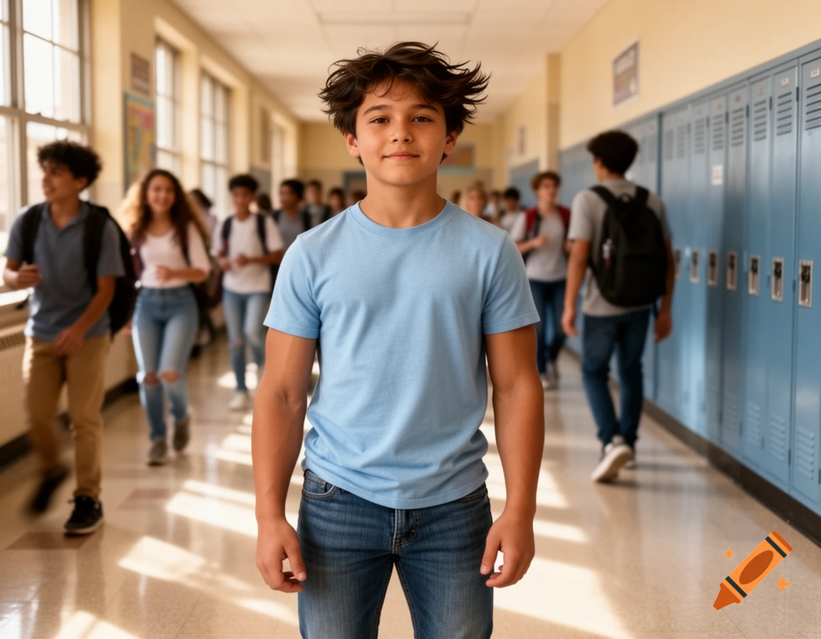 A young boy in a light blue t-shirt and jeans stands smiling in a bright school hallway with blurred students behind him.