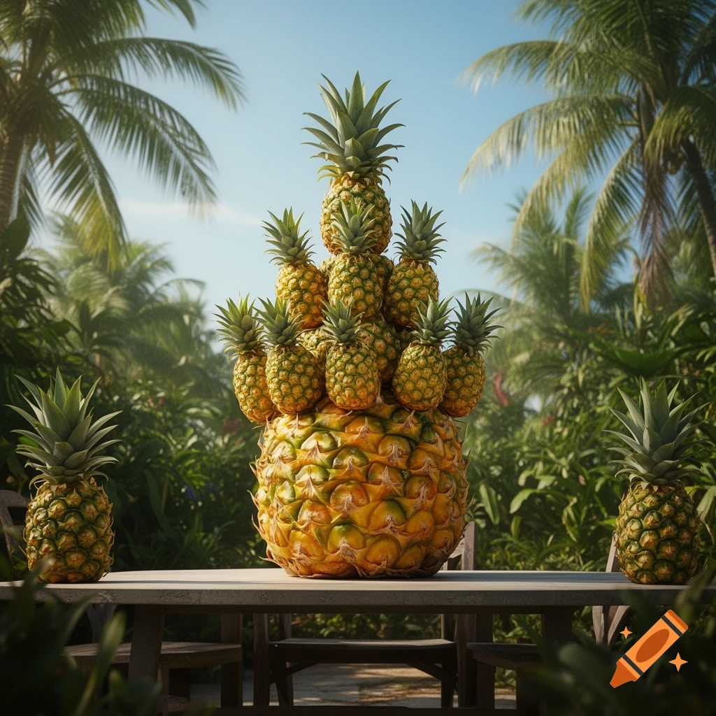 Photorealistic image of a large pineapple topped with a pyramid of smaller pineapples on a wooden table in a tropical setting.