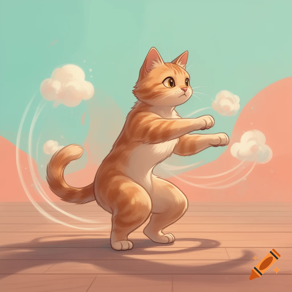 An orange and white animated cat with large eyes does a bodyweight squat on a wooden floor, surrounded by small white clouds.