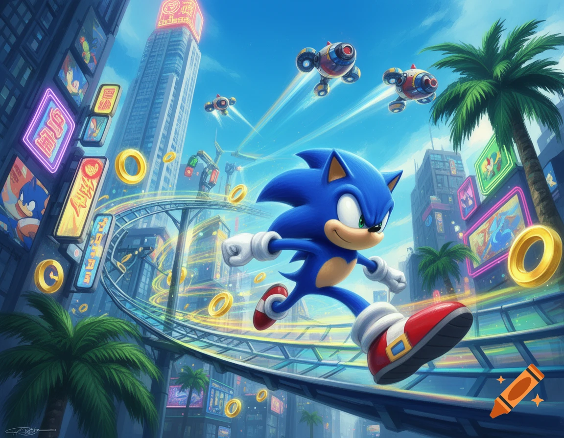 Blue hedgehog Sonic runs on a city track, collecting rings, with flying robots and neon signs in a vibrant cityscape.