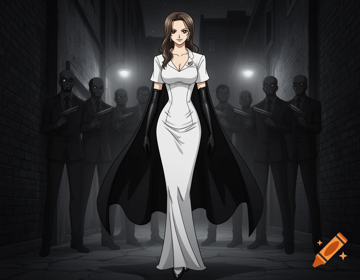 Nico Robin, an anime mafia boss, stands confidently in a dark alley, surrounded by shadowy armed figures.