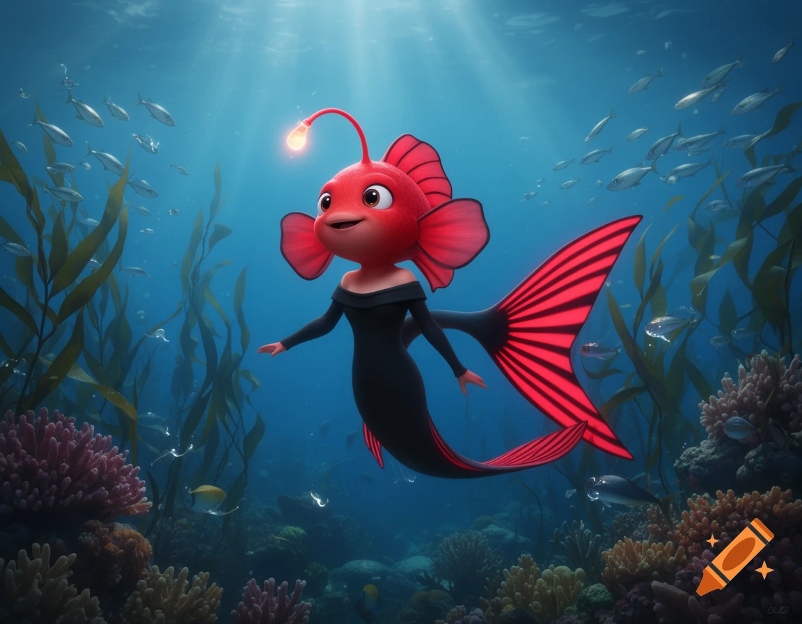 A cute red anglerfish character with a black and red outfit and tail swims gracefully in a vibrant underwater reef with fish and plants.