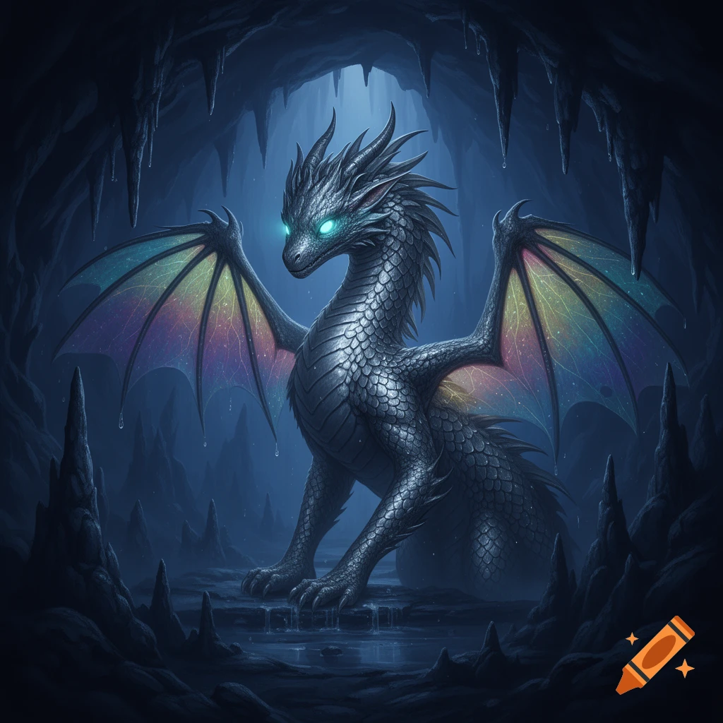 A majestic silver dragon with glowing cyan eyes and iridescent rainbow wings sits in a dark, icy fantasy cave.