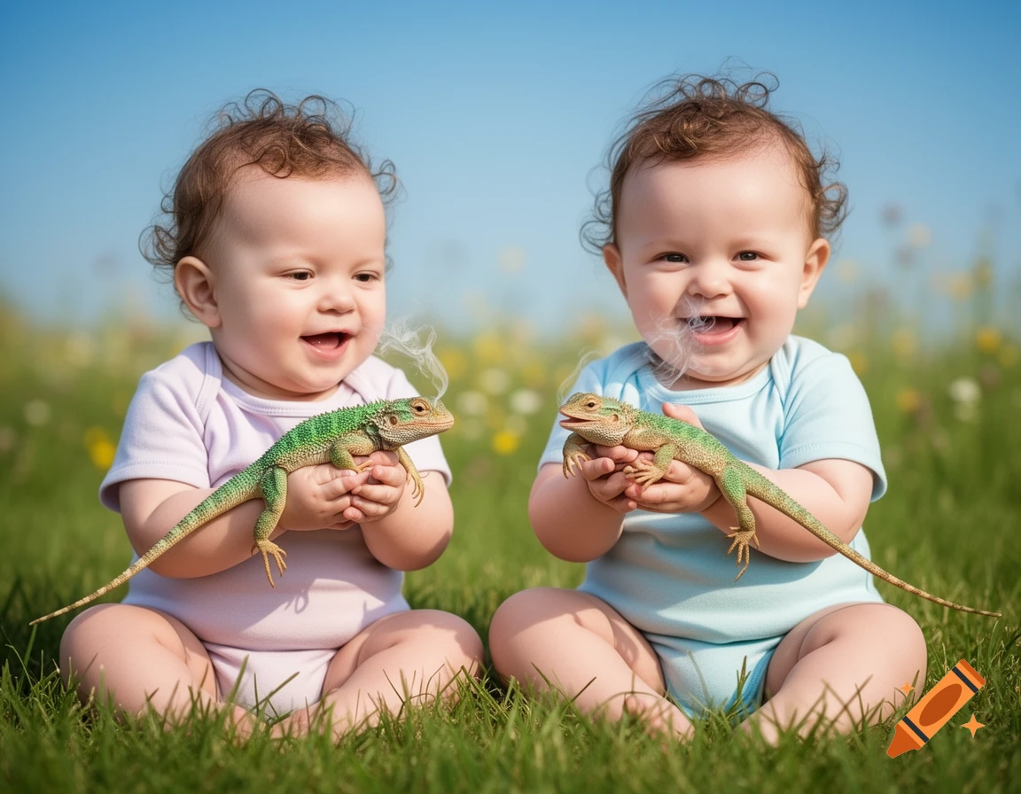Two smiling babies sit in a sunny grassy field, each holding a green lizard with wisps of smoke coming from its mouth.