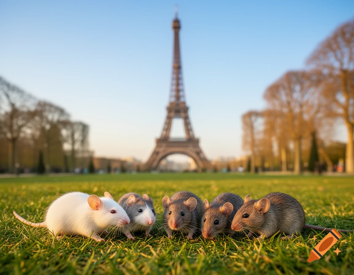 Five white and brown mice on green grass with the Eiffel Tower blurred in the background under a clear sky.