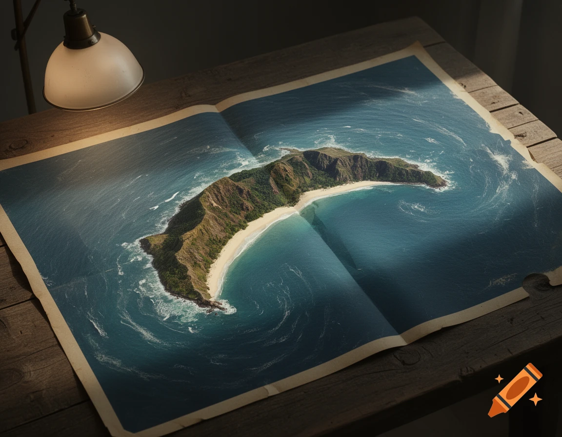 An aerial view of a lush, rocky island with a sandy beach depicted on a map spread on a wooden desk, lit by a lamp.