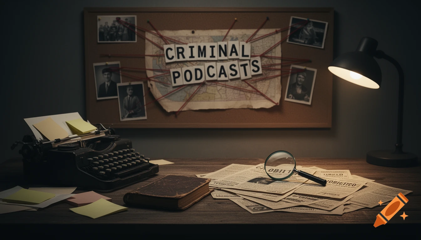 A vintage desk setup with a typewriter, old book, newspapers, and a magnifying glass. A corkboard above displays "CRIMINAL PODCASTS" with a map and photos connected by red string, all lit by a desk lamp.