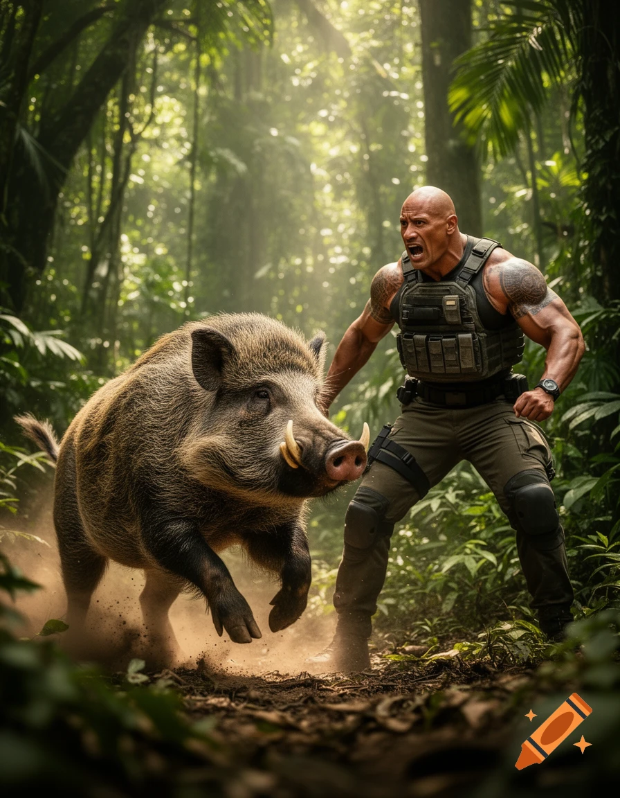 Dwayne Johnson, in tactical gear, shouts as he stands behind a large, charging wild boar in a sunlit jungle.